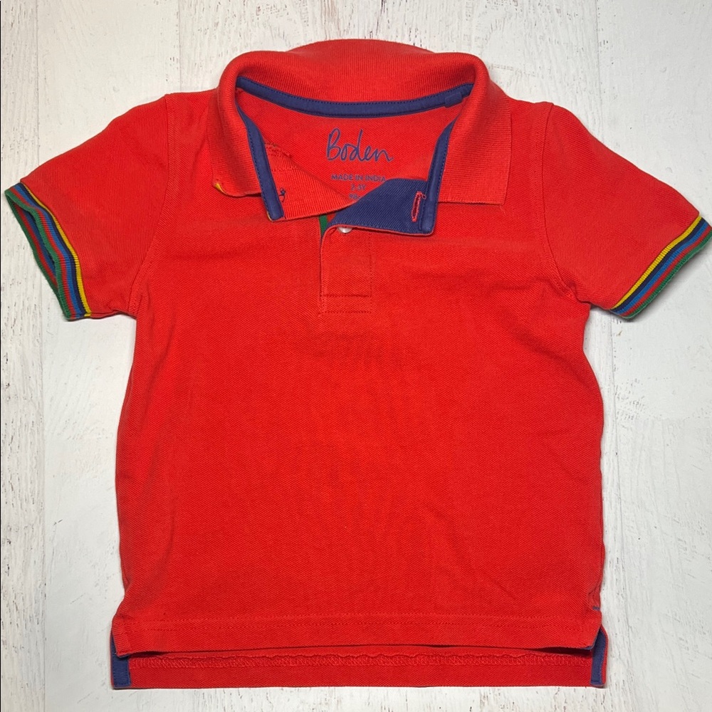 Boden Kids Vibrant Red Polo Shirt with Rainbow Accents